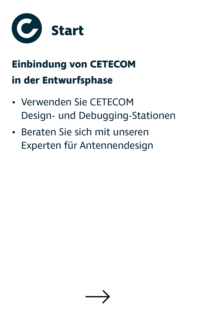 Eine Erklärung der einzelnen Schritte des kompletten Prozesses zur Produktentwicklung und -zertifizierung mit CETECOM, angefangen bei Schritt eins: Einbindung von CETECOM in der Entwurfsphase.