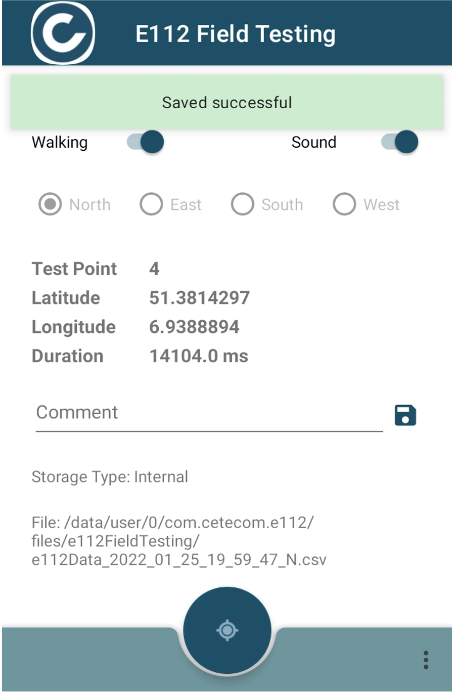 Screenshot from the CETECOM app for carrying out in a controlling WLAN tests, displaying data